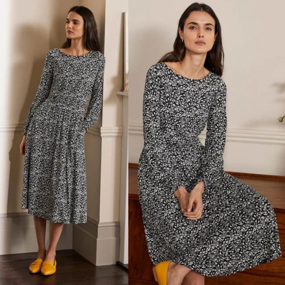 Boden Evelyn Floral Jersey Midi Dress, Black/White